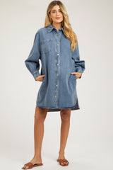 Blue Denim Button Up Front Pocket Maternity Dress