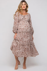 Mauve Floral Chiffon Sweetheart Neck Ruffle Tiered Maternity Midi Dress