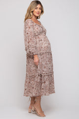 Mauve Floral Chiffon Sweetheart Neck Ruffle Tiered Maternity Midi Dress