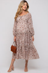 Mauve Floral Chiffon Sweetheart Neck Ruffle Tiered Maternity Midi Dress