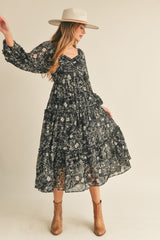 Black Floral Chiffon Sweetheart Neck Ruffle Tiered Maternity Midi Dress