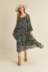 Black Floral Chiffon Sweetheart Neck Ruffle Tiered Midi Dress