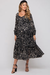 Black Floral Chiffon Sweetheart Neck Ruffle Tiered Maternity Midi Dress