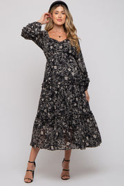 Black Floral Chiffon Sweetheart Neck Ruffle Tiered Maternity Midi Dress