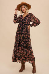 Black Floral Button Front Ruffle Accent Maxi Dress