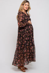 Black Floral Button Front Ruffle Accent Maternity Maxi Dress