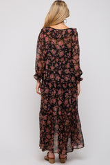 Black Floral Button Front Ruffle Accent Maternity Maxi Dress