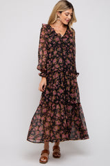 Black Floral Button Front Ruffle Accent Maternity Maxi Dress