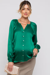 Green Button-Down Long Sleeve Maternity Blouse