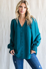 Teal Button Front Long Smocked Sleeve Blouse