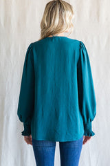 Teal Button Front Long Smocked Sleeve Blouse