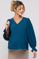 Teal Button Front Long Smocked Sleeve Maternity Blouse