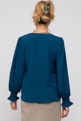 Teal Button Front Long Smocked Sleeve Maternity Blouse