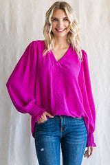 Magenta Button Front Long Smocked Sleeve Blouse