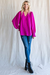 Magenta Button Front Long Smocked Sleeve Blouse