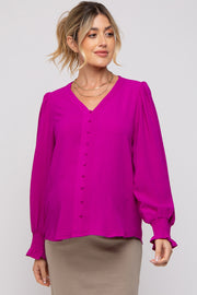 Magenta Button Front Long Smocked Sleeve Maternity Blouse