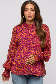 Magenta Floral Balloon Sleeve Maternity Blouse