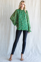 Green Floral Balloon Sleeve Blouse