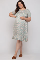 Light Olive Floral Knit Short Sleeve Maternity Plus Dress