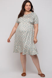 Light Olive Floral Knit Short Sleeve Maternity Plus Dress