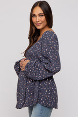 Navy Floral Smocked Long Sleeve Maternity Top