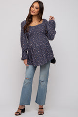 Navy Floral Smocked Long Sleeve Maternity Top