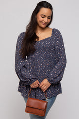 Navy Floral Smocked Long Sleeve Top