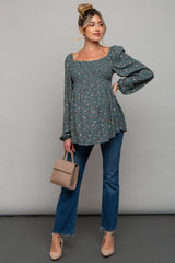 Green Floral Smocked Long Sleeve Maternity Top