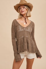 Taupe Pointelle Knit Peplum Sweater