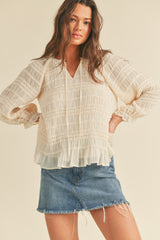 Beige Pleated Texture Tie-Front Blouse