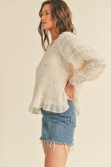 Beige Pleated Texture Tie-Front Blouse