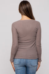 Mocha Soft Waffle Knit Button Accent Long Sleeve Maternity Top