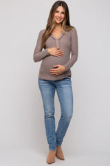 Mocha Soft Waffle Knit Button Accent Long Sleeve Maternity Top