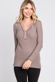 Mocha Soft Waffle Knit Button Accent Long Sleeve Top