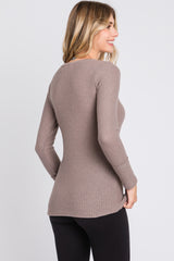 Mocha Soft Waffle Knit Button Accent Long Sleeve Top