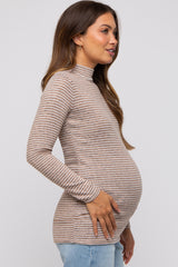 Taupe Striped Long Sleeve Mock Neck Maternity Top