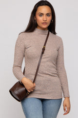 Taupe Striped Long Sleeve Mock Neck Top