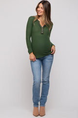 Olive Soft Waffle Knit Button Accent Long Sleeve Maternity Top