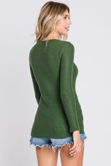 Olive Soft Waffle Knit Button Accent Long Sleeve Top