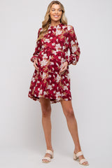 Burgundy Floral Chiffon Ruffle Mock Neck Tiered Maternity Dress