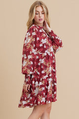 Burgundy Floral Chiffon Ruffle Mock Neck Tiered Dress