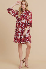 Burgundy Floral Chiffon Ruffle Mock Neck Tiered Maternity Dress