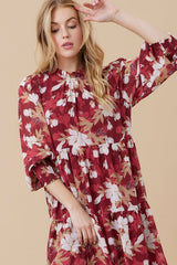 Burgundy Floral Chiffon Ruffle Mock Neck Tiered Dress