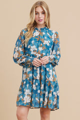 Blue Floral Chiffon Ruffle Mock Neck Tiered Maternity Dress