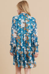 Blue Floral Chiffon Ruffle Mock Neck Tiered Dress