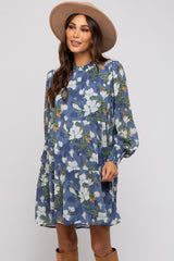 Blue Floral Chiffon Ruffle Mock Neck Tiered Maternity Dress