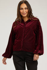 Burgundy Velvet Ribbed Collared Long Sleeve Maternity Blouse