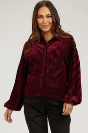 Burgundy Velvet Ribbed Collared Long Sleeve Maternity Blouse