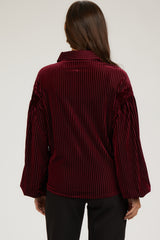 Burgundy Velvet Ribbed Collared Long Sleeve Maternity Blouse