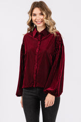 Burgundy Velvet Ribbed Collared Long Sleeve Blouse